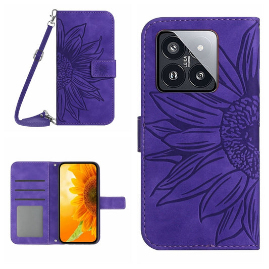 For Xiaomi 14 Skin Feel Sun Flower Embossed Flip Leather Phone Case with Lanyard(Dark Purple) - 14 Cases by buy2fix | Online Shopping UK | buy2fix