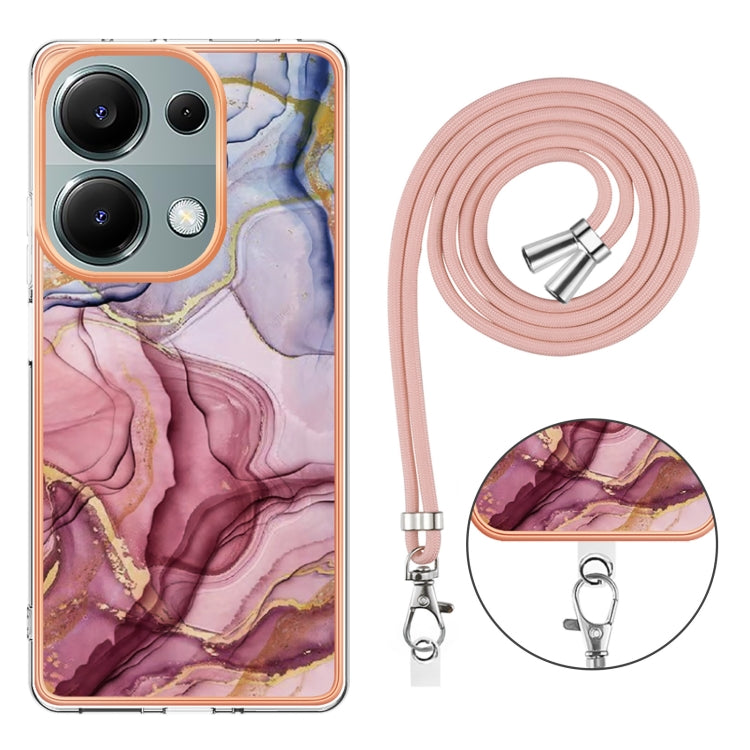 For Xiaomi Redmi Note 13 Pro 4G Global Electroplating Marble Dual-side IMD Phone Case with Lanyard(Rose Red 014) - 13 Pro Cases by buy2fix | Online Shopping UK | buy2fix