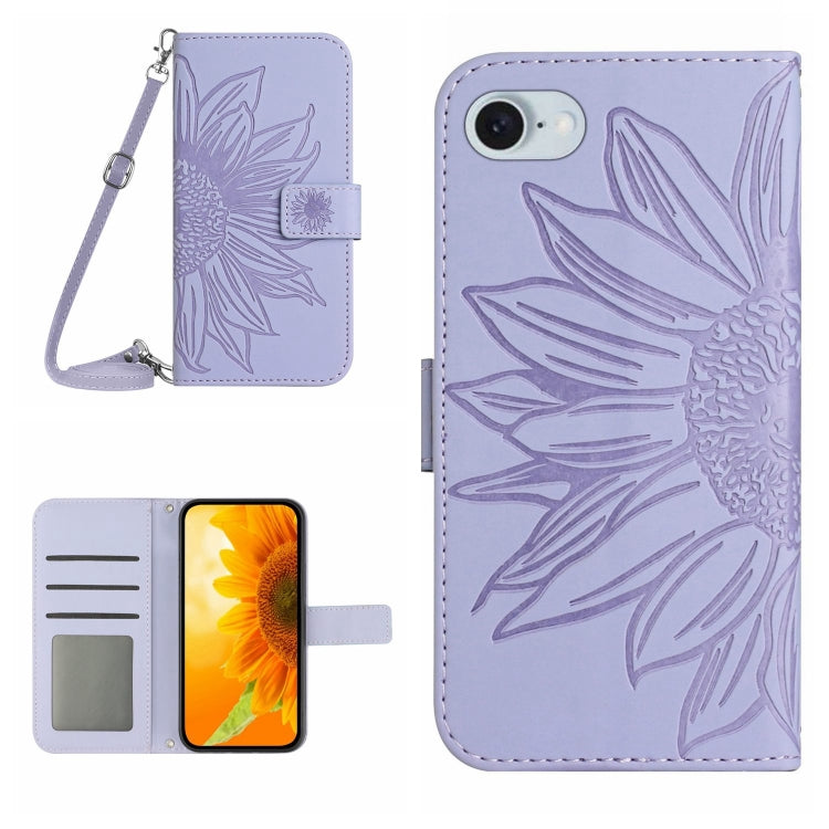 For iPhone SE 2024 Skin Feel Sun Flower Embossed Flip Leather Phone Case with Lanyard(Purple) - More iPhone Cases by buy2fix | Online Shopping UK | buy2fix