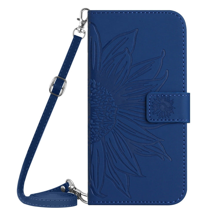 For iPhone SE 2024 Skin Feel Sun Flower Embossed Flip Leather Phone Case with Lanyard(Dark Blue) - More iPhone Cases by buy2fix | Online Shopping UK | buy2fix