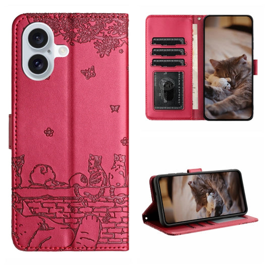 For iPhone 16 Plus Cat Embossing Pattern Leather Phone Case with Lanyard(Red) - iPhone 16 Plus Cases by buy2fix | Online Shopping UK | buy2fix