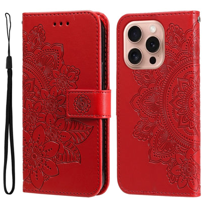 For iPhone 16 Pro 7-petal Flowers Embossing Leather Phone Case(Red) - iPhone 16 Pro Cases by buy2fix | Online Shopping UK | buy2fix