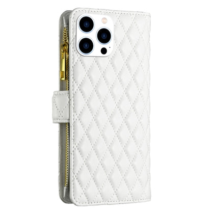 For iPhone 16 Pro Max Diamond Lattice Zipper Wallet Leather Flip Phone Case(White) - iPhone 16 Pro Max Cases by buy2fix | Online Shopping UK | buy2fix