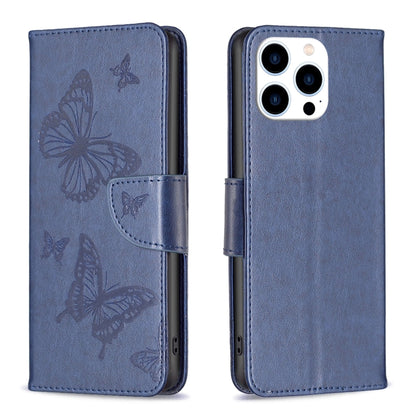 For iPhone 16 Pro Max Embossing Two Butterflies Pattern Leather Phone Case(Blue) - iPhone 16 Pro Max Cases by buy2fix | Online Shopping UK | buy2fix