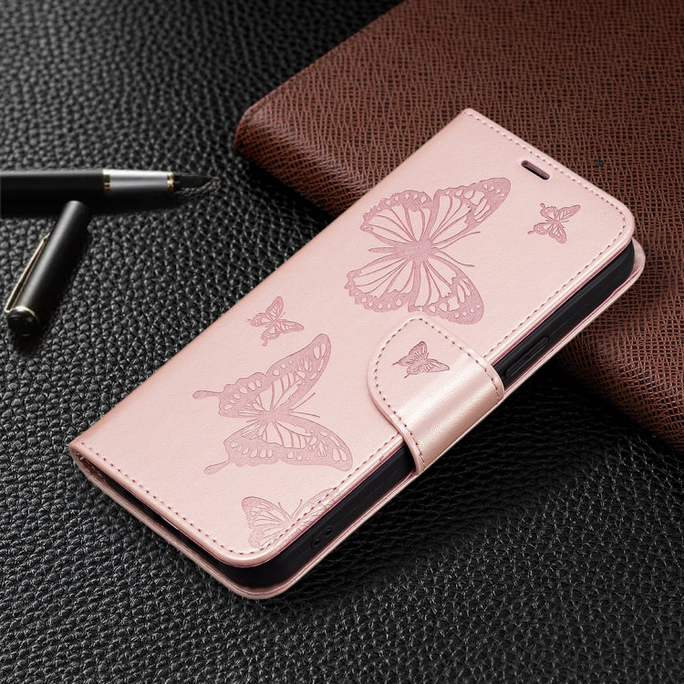 For iPhone 16 Embossing Two Butterflies Pattern Leather Phone Case(Rose Gold) - iPhone 16 Cases by buy2fix | Online Shopping UK | buy2fix