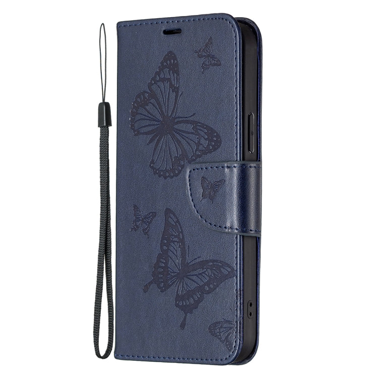 For iPhone 16 Embossing Two Butterflies Pattern Leather Phone Case(Blue) - iPhone 16 Cases by buy2fix | Online Shopping UK | buy2fix