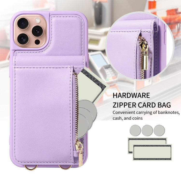 For iPhone 16 Pro Crossbody Lanyard Zipper Wallet Leather Phone Case(Purple) - iPhone 16 Pro Cases by buy2fix | Online Shopping UK | buy2fix