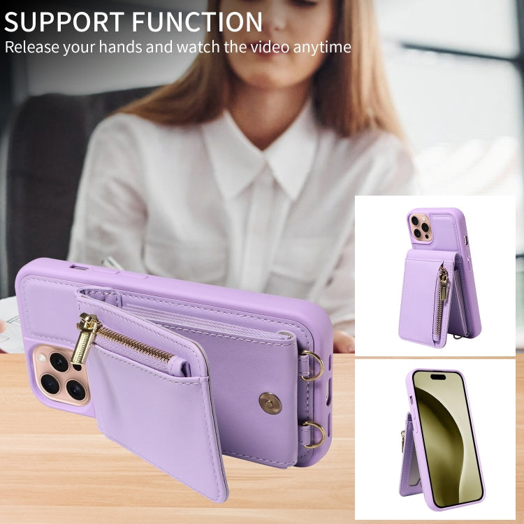 For iPhone 16 Pro Crossbody Lanyard Zipper Wallet Leather Phone Case(Purple) - iPhone 16 Pro Cases by buy2fix | Online Shopping UK | buy2fix