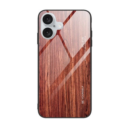 For iPhone 16 Wood Grain Glass Phone Case(Coffee) - iPhone 16 Cases by buy2fix | Online Shopping UK | buy2fix