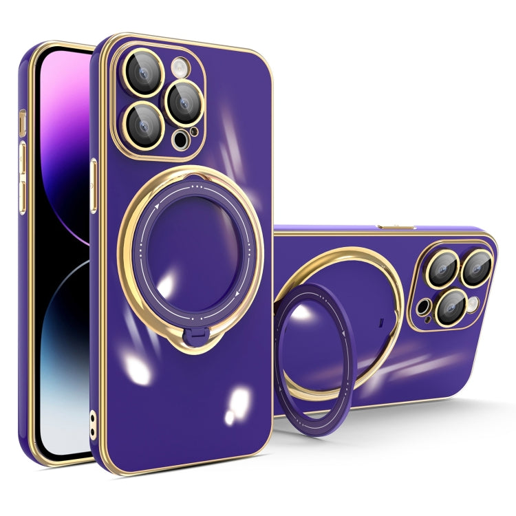 For iPhone 14 Pro Multifunction Electroplating MagSafe Holder Phone Case(Dark Purple) - iPhone 14 Pro Cases by buy2fix | Online Shopping UK | buy2fix