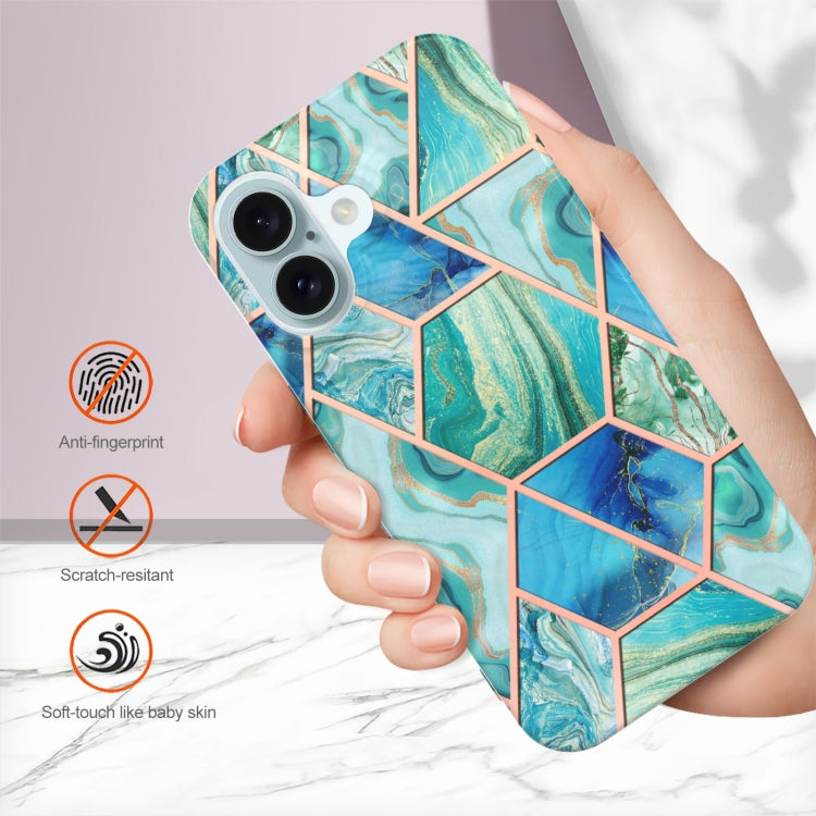 For iPhone 16 Plus Electroplating Splicing Marble Flower Pattern Dual-side IMD TPU Shockproof Phone Case(Green) - iPhone 16 Plus Cases by buy2fix | Online Shopping UK | buy2fix