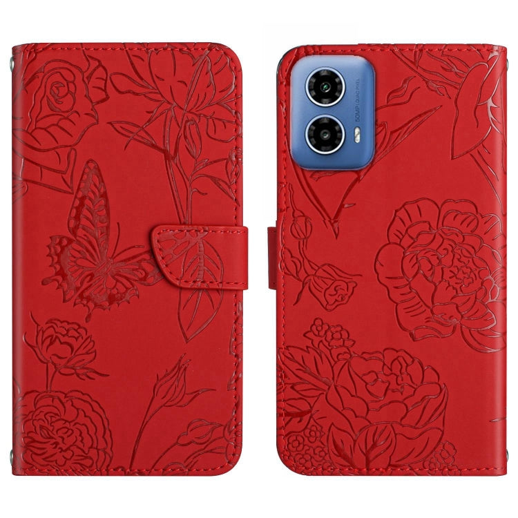 For Motorola Edge 5G 2024 HT03 Skin Feel Butterfly Embossed Flip Leather Phone Case(Red) - Motorola Cases by buy2fix | Online Shopping UK | buy2fix