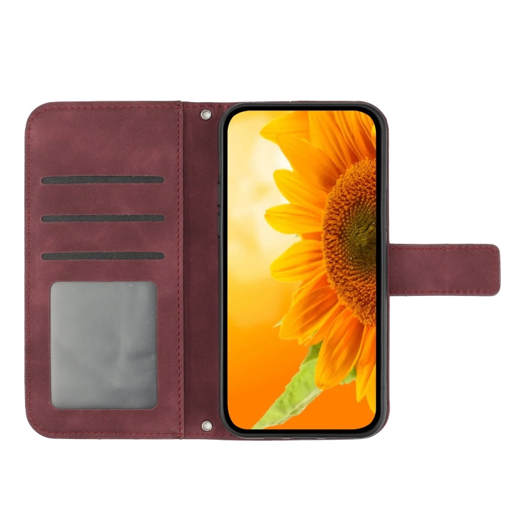 For Motorola Moto G Power 5G 2024 HT04 Skin Feel Sun Flower Embossed Flip Leather Phone Case with Lanyard(Wine Red) - Motorola Cases by buy2fix | Online Shopping UK | buy2fix