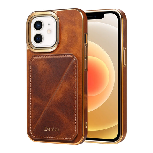 For iPhone 12 / 12 Pro Denior Oil Wax Leather Electroplating Card Slot Holder Phone Case(Brown) - iPhone 12 / 12 Pro Cases by Denior | Online Shopping UK | buy2fix