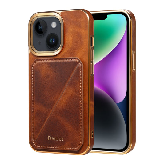 For iPhone 14 Plus Denior Oil Wax Leather Electroplating Card Slot Holder Phone Case(Brown) - iPhone 14 Plus Cases by Denior | Online Shopping UK | buy2fix