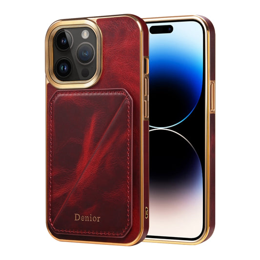 For iPhone 14 Pro Denior Oil Wax Leather Electroplating Card Slot Holder Phone Case(Red) - iPhone 14 Pro Cases by Denior | Online Shopping UK | buy2fix