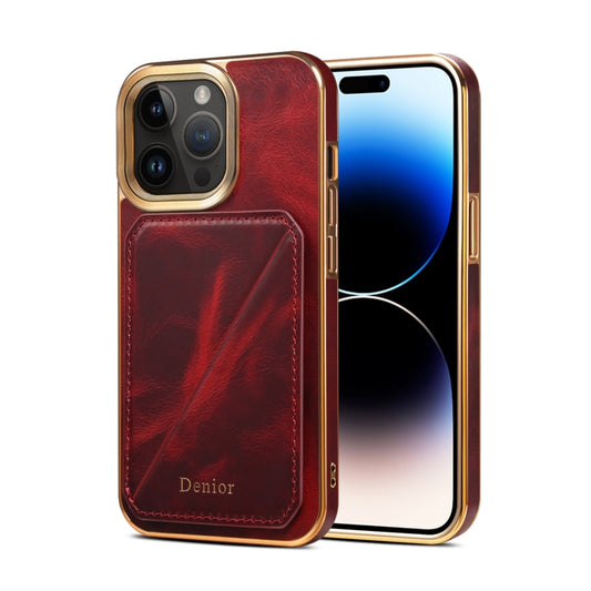 For iPhone 15 Pro Denior Oil Wax Leather Electroplating Card Slot Holder Phone Case(Red) - iPhone 15 Pro Cases by Denior | Online Shopping UK | buy2fix