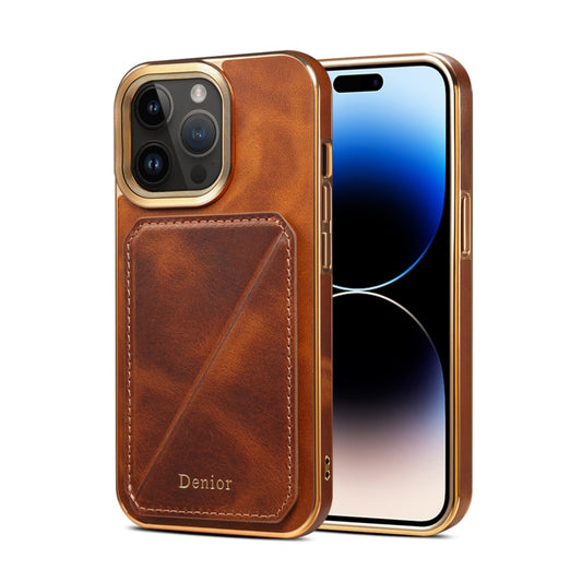 For iPhone 15 Pro Denior Oil Wax Leather Electroplating Card Slot Holder Phone Case(Brown) - iPhone 15 Pro Cases by Denior | Online Shopping UK | buy2fix