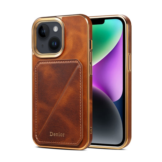 For iPhone 15 Plus Denior Oil Wax Leather Electroplating Card Slot Holder Phone Case(Brown) - iPhone 15 Plus Cases by Denior | Online Shopping UK | buy2fix