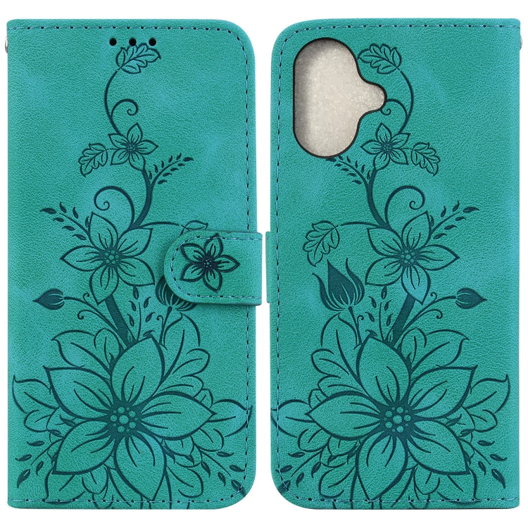 For iPhone 16 Lily Embossed Leather Phone Case(Green) - iPhone 16 Cases by buy2fix | Online Shopping UK | buy2fix