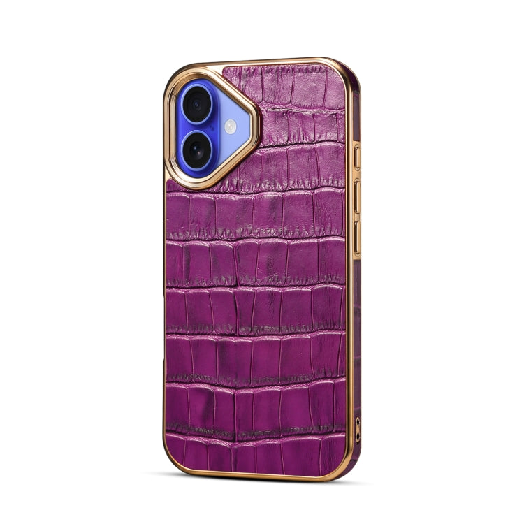 For iPhone 16 Plus Denior Crocodile Texture Genuine Leather Electroplating Phone Case(Purple) - More iPhone Cases by Denior | Online Shopping UK | buy2fix