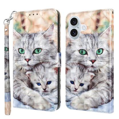 For iPhone 16 Plus 3D Painted Leather Phone Case(Two Loving Cats) - iPhone 16 Plus Cases by buy2fix | Online Shopping UK | buy2fix