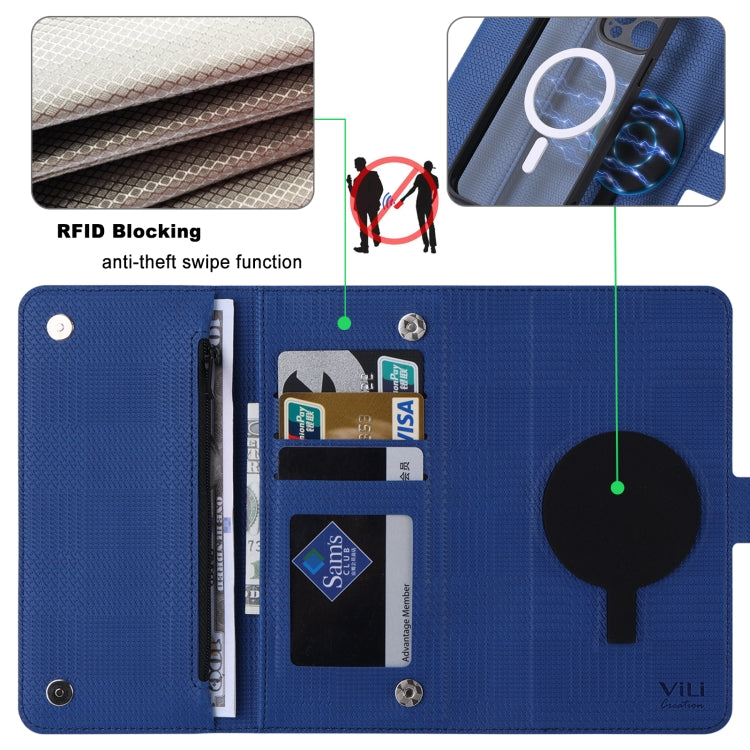 For iPhone 13 ViLi GHB Series MagSafe Magnetic Zipper Leather Phone Case(Blue) - iPhone 13 Cases by ViLi | Online Shopping UK | buy2fix