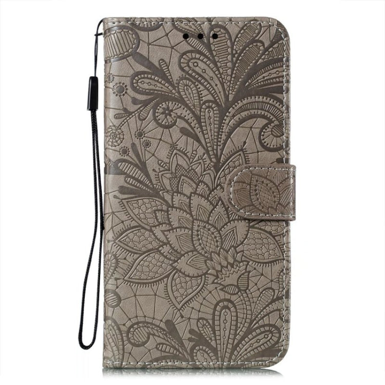 For iPhone 16 Lace Flower Embossing Flip Leather Phone Case(Grey) - iPhone 16 Cases by buy2fix | Online Shopping UK | buy2fix