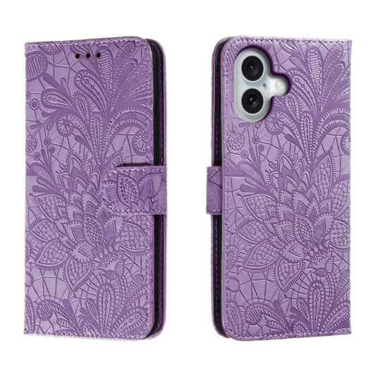 For iPhone 16 Lace Flower Embossing Flip Leather Phone Case(Purple) - iPhone 16 Cases by buy2fix | Online Shopping UK | buy2fix