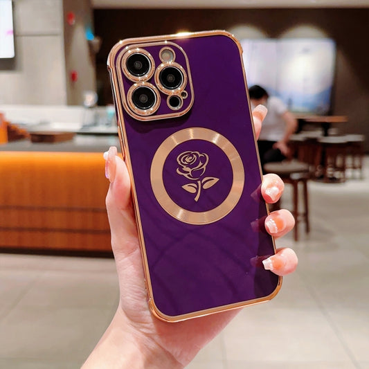 For iPhone 15 Pro Electroplate Side Roses Flower MagSafe Phone Case(Dark Purple) - iPhone 15 Pro Cases by buy2fix | Online Shopping UK | buy2fix