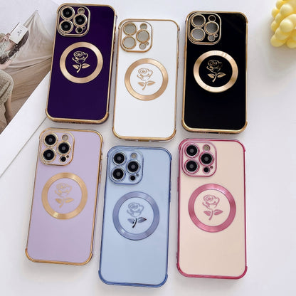 For iPhone 15 Pro Electroplate Side Roses Flower MagSafe Phone Case(Dark Purple) - iPhone 15 Pro Cases by buy2fix | Online Shopping UK | buy2fix