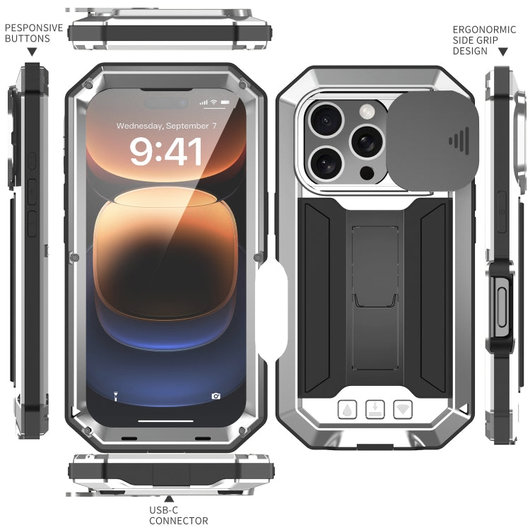 For iPhone 16 Pro R-JUST Sliding Camera IP54 Life Waterproof Holder Phone Case(Silver) - iPhone 16 Pro Cases by R-JUST | Online Shopping UK | buy2fix