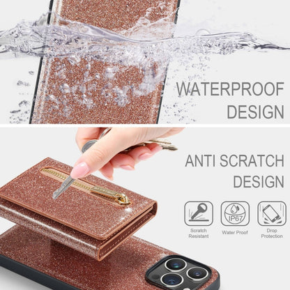 For iPhone 15 Pro Max DG.MING M3 Series Glitter Powder Card Bag Leather Phone Case(Rose Gold) - iPhone 15 Pro Max Cases by DG.MING | Online Shopping UK | buy2fix