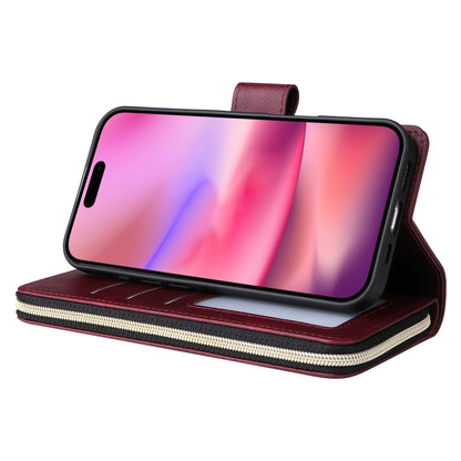 For iPhone 16 9 Card Slots Zipper Wallet Bag Leather Phone Case(Wine Red) - iPhone 16 Cases by buy2fix | Online Shopping UK | buy2fix