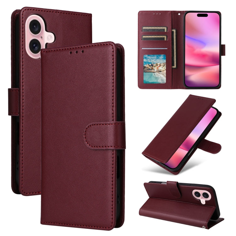 For iPhone 16 Multifunctional Horizontal Flip Leather Phone Case with Three Card Slots(Wine Red) - iPhone 16 Cases by buy2fix | Online Shopping UK | buy2fix