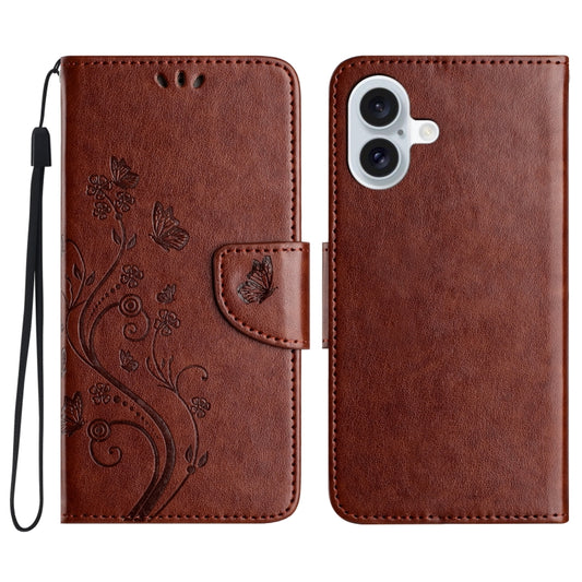 For iPhone 16 Butterfly Flower Pattern Flip Leather Phone Case(Brown) - iPhone 16 Cases by buy2fix | Online Shopping UK | buy2fix