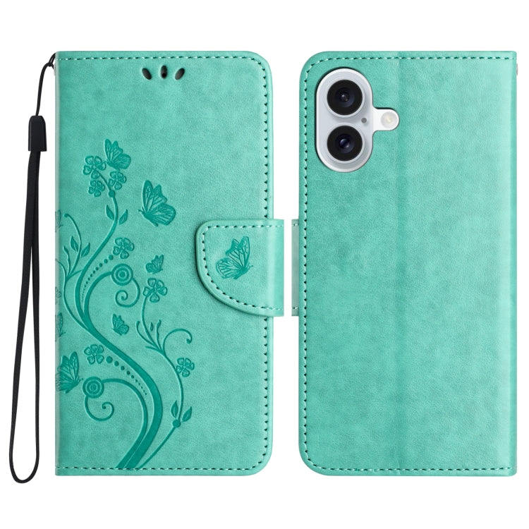 For iPhone 16 Butterfly Flower Pattern Flip Leather Phone Case(Green) - iPhone 16 Cases by buy2fix | Online Shopping UK | buy2fix