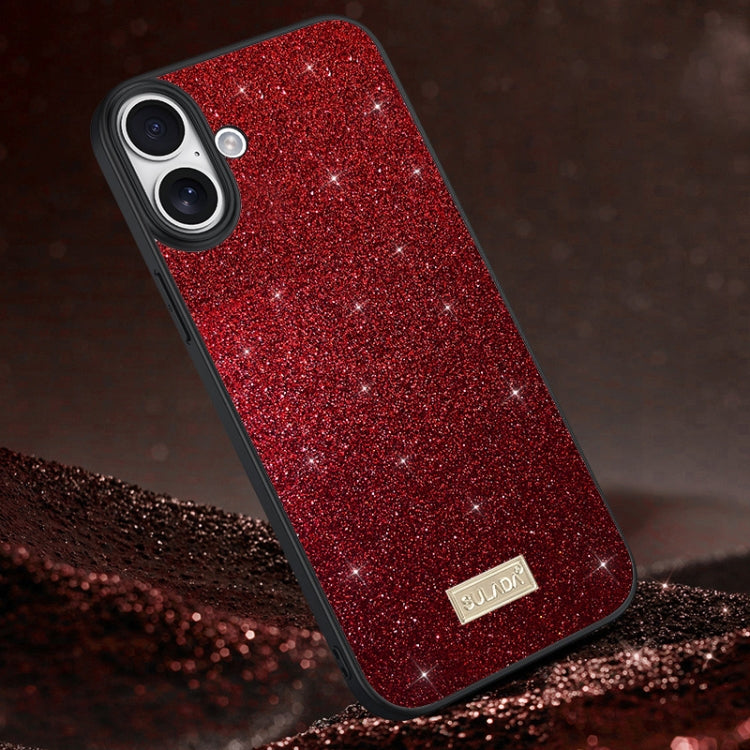 For iPhone 16 SULADA Glittery PC Hybrid TPU Handmade Leather Phone Case(Red) - iPhone 16 Cases by SULADA | Online Shopping UK | buy2fix