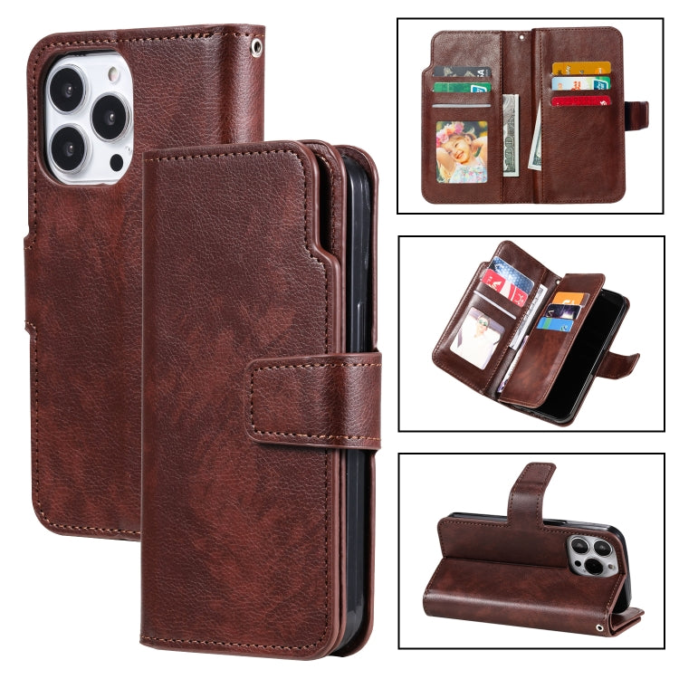 For iPhone 16 Pro Tri-Fold 9-Card Wallets Leather Phone Case(Brown) - iPhone 16 Pro Cases by buy2fix | Online Shopping UK | buy2fix