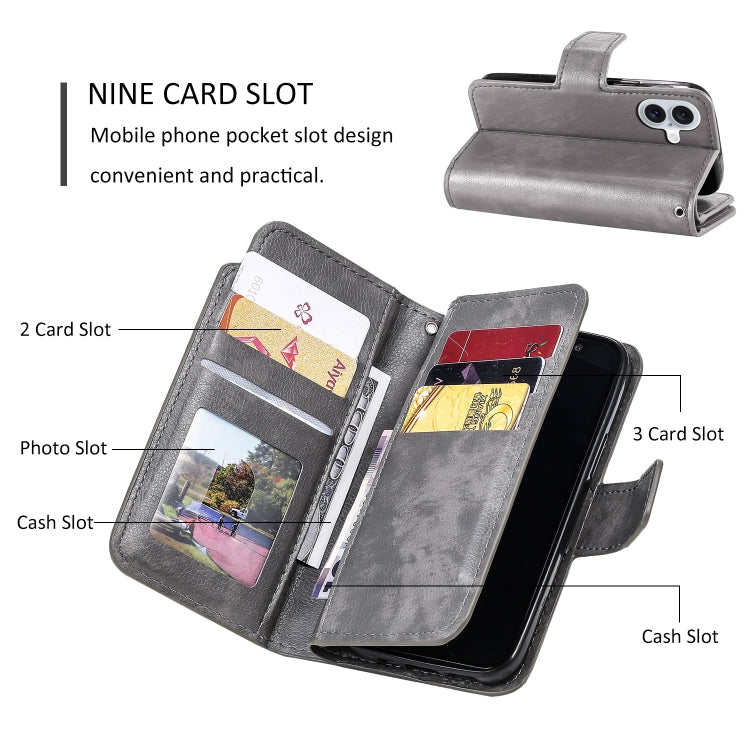 For iPhone 16 Plus Tri-Fold 9-Card Wallets Leather Phone Case(Grey) - iPhone 16 Plus Cases by buy2fix | Online Shopping UK | buy2fix