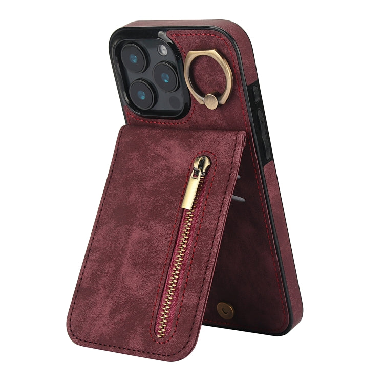 For iPhone 16 Pro Retro Ring and Zipper RFID Card Slot Phone Case(Wine Red) - iPhone 16 Pro Cases by buy2fix | Online Shopping UK | buy2fix