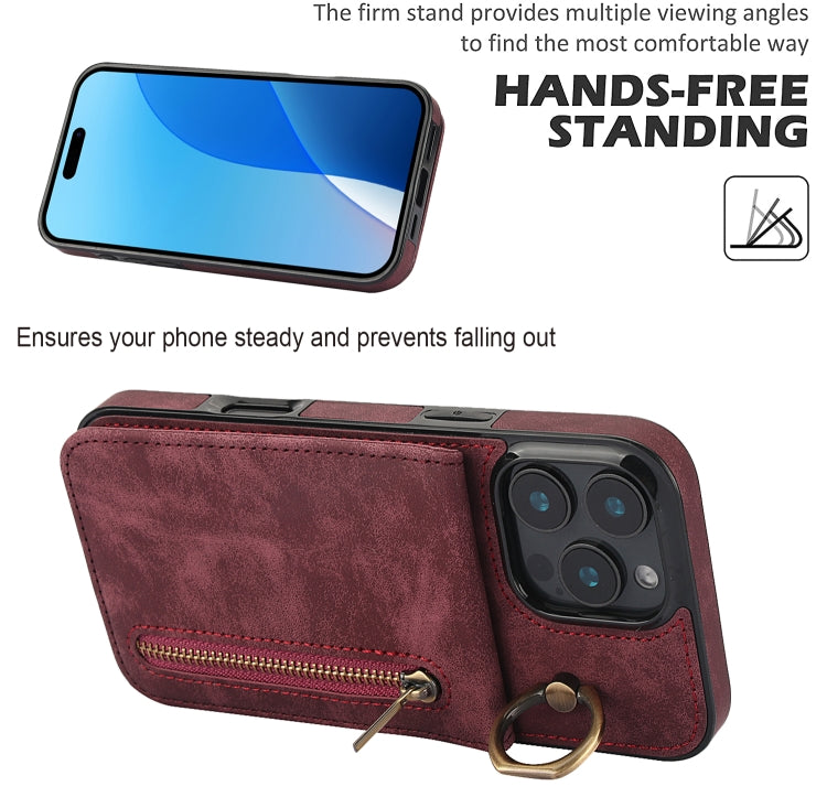 For iPhone 16 Pro Retro Ring and Zipper RFID Card Slot Phone Case(Wine Red) - iPhone 16 Pro Cases by buy2fix | Online Shopping UK | buy2fix