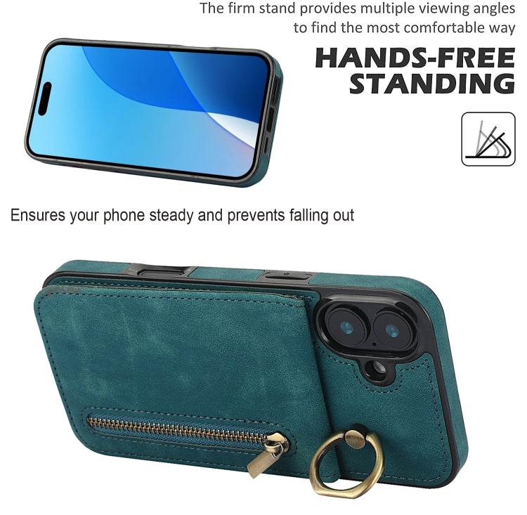 For iPhone 16 Plus Retro Ring and Zipper RFID Card Slot Phone Case(Blue) - iPhone 16 Plus Cases by buy2fix | Online Shopping UK | buy2fix