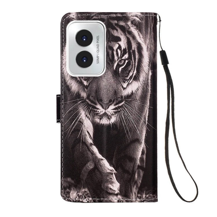 For Motorola Moto G Play 4G 2024 Colored Drawing Pattern Plain Weave Leather Phone Case(Black And White Tiger) - Motorola Cases by buy2fix | Online Shopping UK | buy2fix