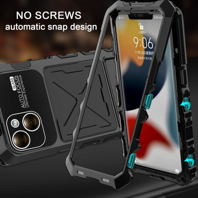 For iPhone 15 R-JUST Metal + Silicone + Tempered Glass Life Waterproof Phone Case with Holder(Black) - iPhone 15 Cases by R-JUST | Online Shopping UK | buy2fix