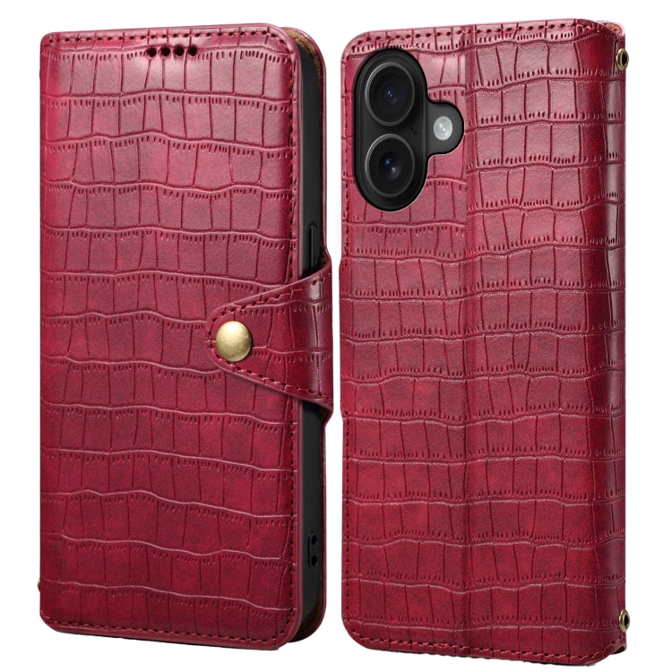 For iPhone 16 Denior Crocodile Texture Oil Edge Leather Phone Case(Rose Red) - iPhone 16 Cases by Denior | Online Shopping UK | buy2fix