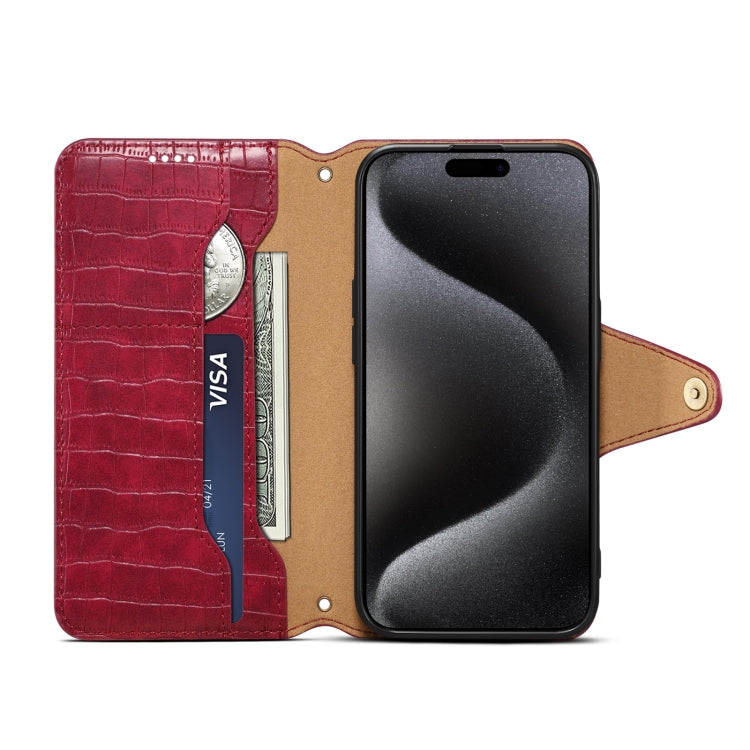 For iPhone 16 Denior Crocodile Texture Oil Edge Leather Phone Case(Rose Red) - iPhone 16 Cases by Denior | Online Shopping UK | buy2fix