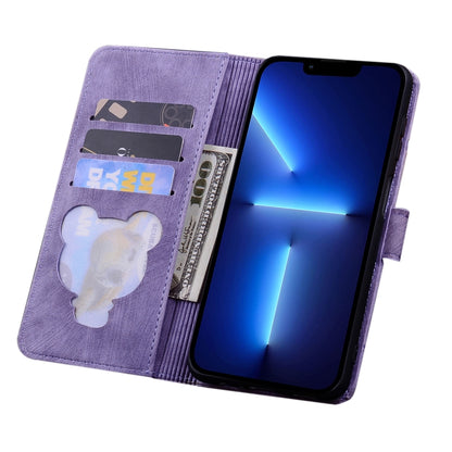 For iPhone 16 Cartoon Sakura Cat Embossed Leather Phone Case(Purple) - iPhone 16 Cases by buy2fix | Online Shopping UK | buy2fix