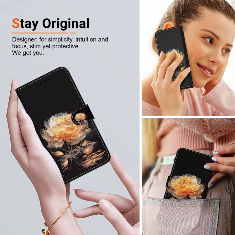 For iPhone 16 Pro Crystal Texture Colored Drawing Leather Phone Case(Gold Peony) - iPhone 16 Pro Cases by buy2fix | Online Shopping UK | buy2fix