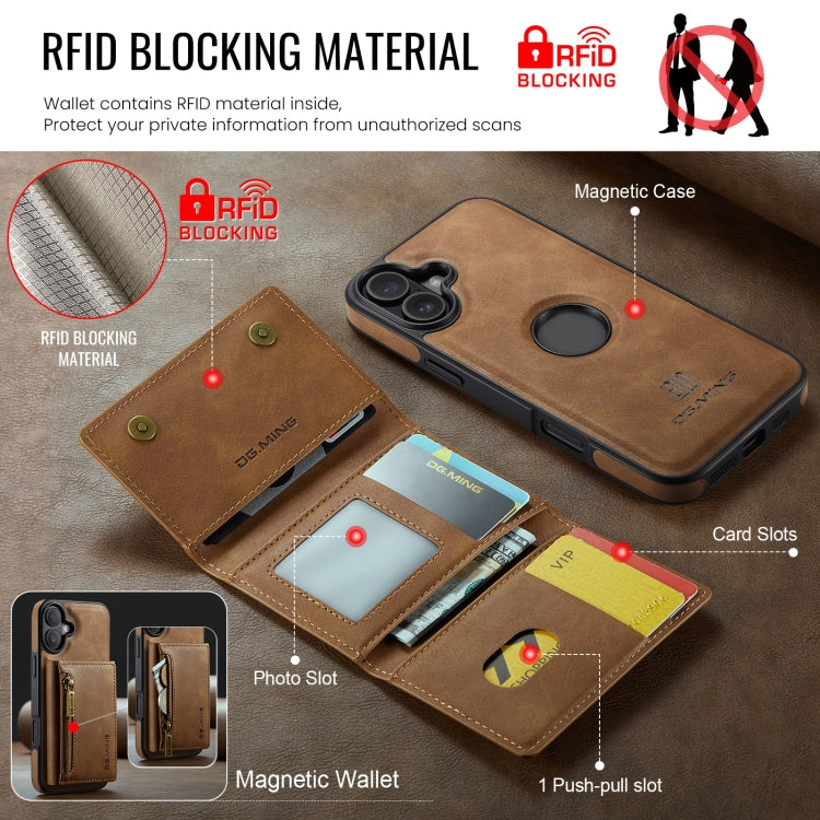 For iPhone 16 Plus DG.MING M5 Series Zip RFID Multi Card Detachable Leather Phone Case(Brown) - iPhone 16 Plus Cases by DG.MING | Online Shopping UK | buy2fix